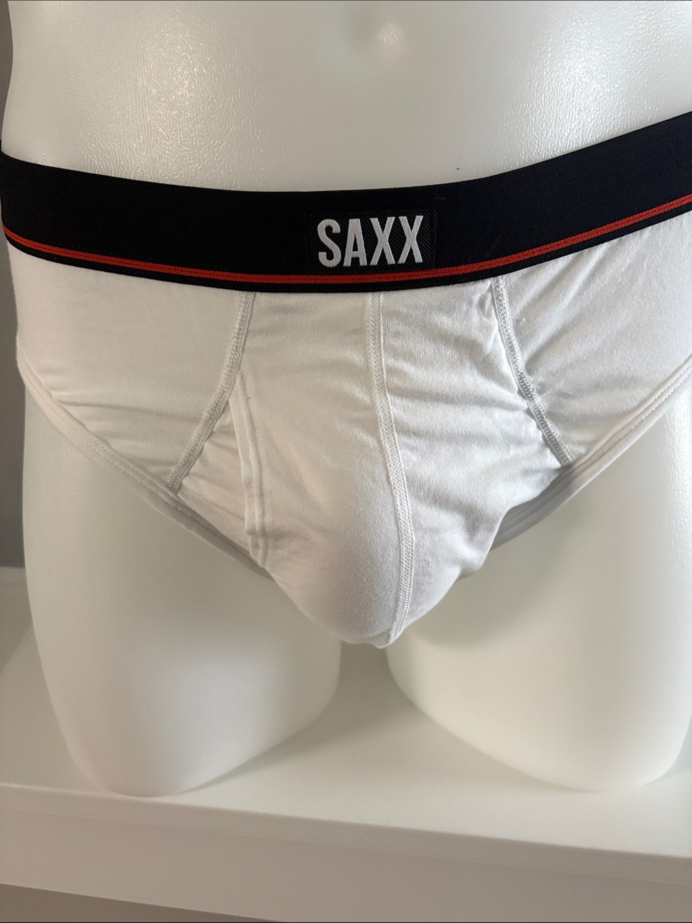 SAXX White Briefs with Black Waistband and Red Trim